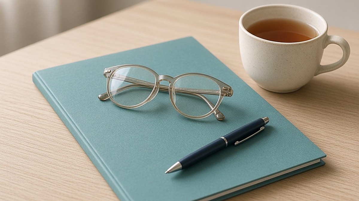 A teal folder, reading glasses and a pen on a desk next to a cup of tea