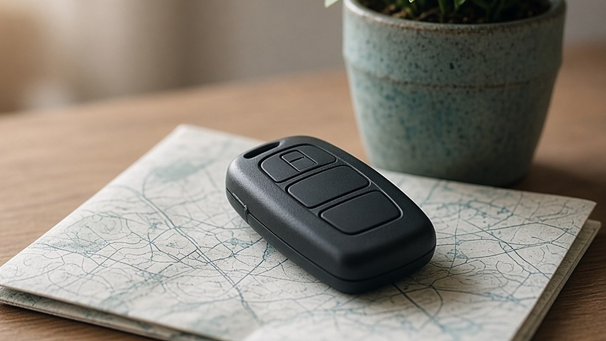 A car key fob resting on a folded paper map beside a potted plant