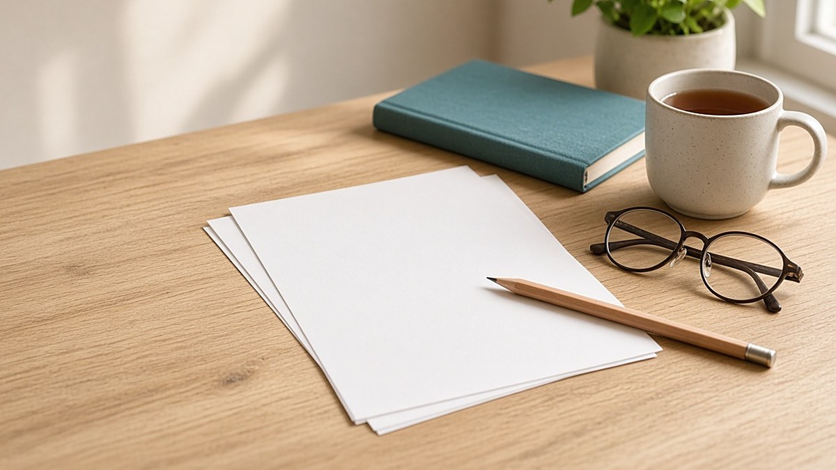 Blank sheets of paper, a pencil, reading glasses, a teal notebook and a mug of tea on a wooden table